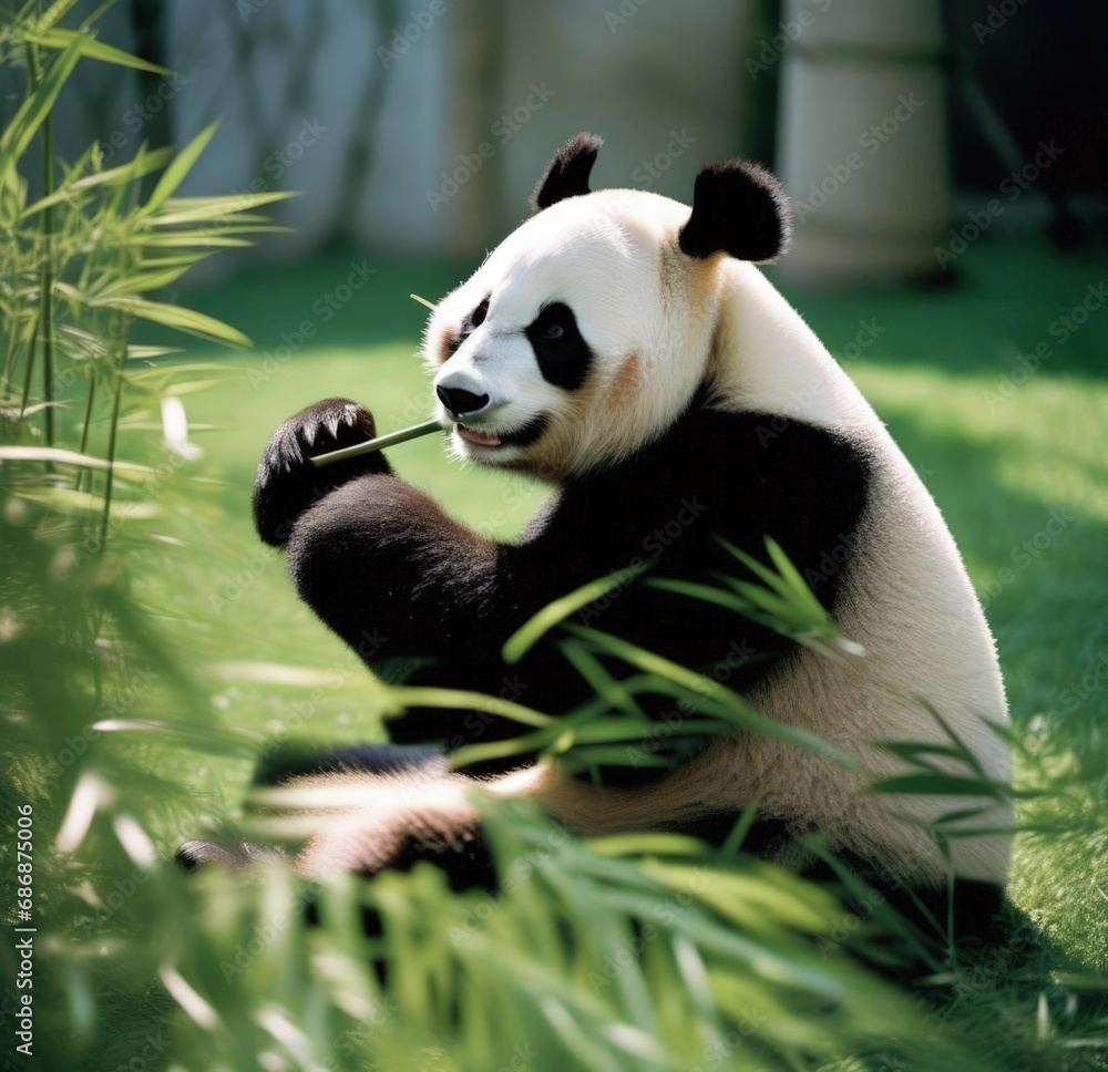 A panda repels some bamboo leaf shoots.