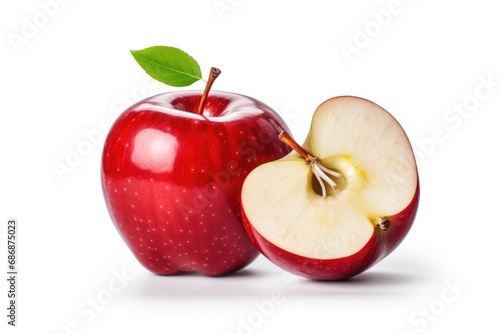 A lustrous red apple accompanied by a freshly sliced half, revealing its succulent white pulp, seeds, and core. The apple is adorned with a verdant leaf, symbolizing its freshness. 