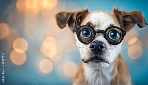 a dog with big eyes in glasses on a blue background
