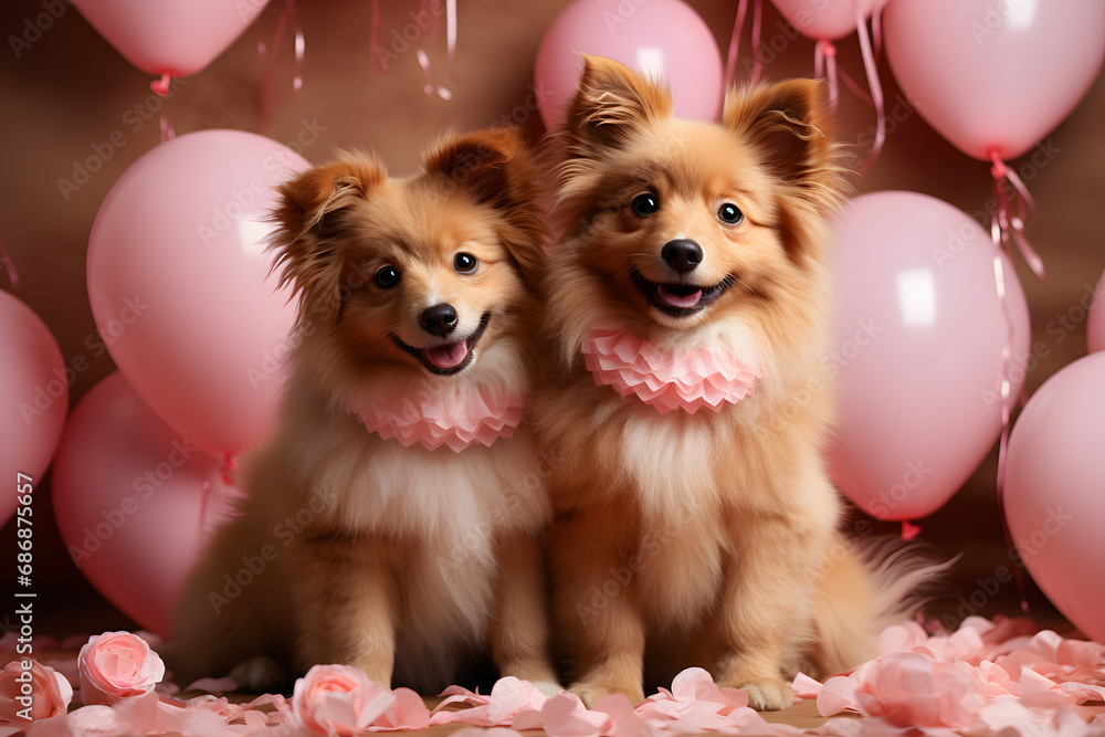 Studio photogaphy of a romantic couple of dogs with pink balloons in the background. Valentine's concept. Romantic background.