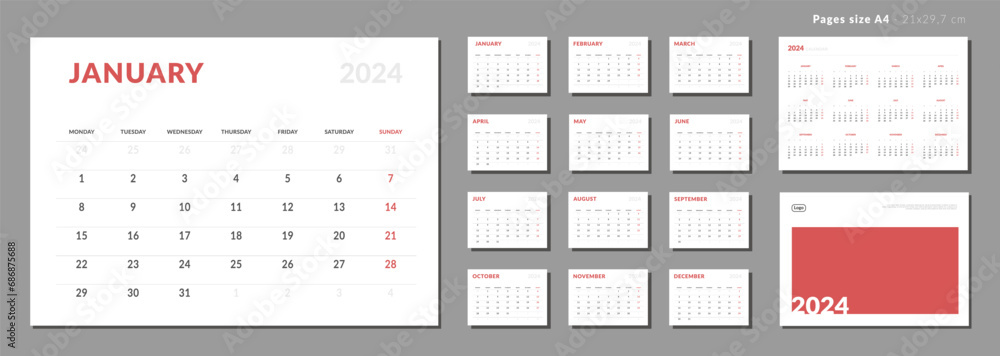 Set of Monthly page Calendar Planner Template and cover with Place for Photo and Company Logo on 2024. Vector layout of a wall or desk calendar with week start Monday. Pages for size A4 for print. Set of Monthly page Calendar Planner Template and cover with Place for Photo and Company Logo on 2024. Vector layout of a wall or desk calendar with week start Monday. Pages for size A4 for print.