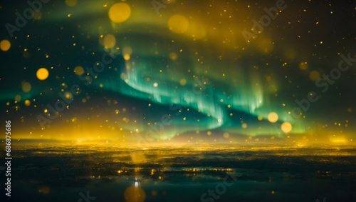 An abstract background with yellow bokeh particles resembling the ethereal glow of the Northern Lights, creating a celestial and mesmerizing scene.