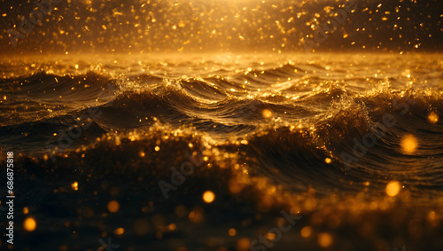 An abstract composition featuring waves of golden-hued particles in motion, accompanied by scattered shining dots, reminiscent of a celestial spectacle. © xKas
