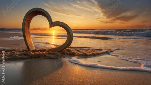 A built heart in the sand of a beach at sunset. A love and Valentine's day concept. Background, greeting card. Wedding.