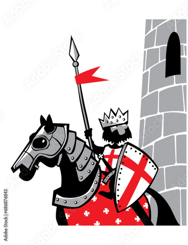 Middle Ages. The crusader king. The knight goes on a crusade. Comic character. Vector image for prints, poster or illustrations.