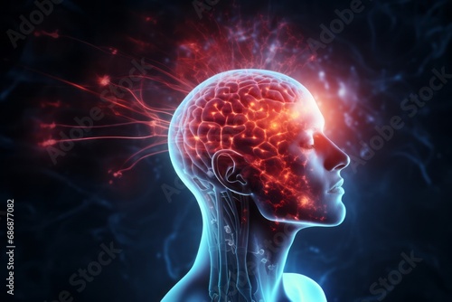 3D side image of human head with luminous brain network, electrical activity, flashes and lightning on black background. Thinking process, neural connections. Mental health, brain diseases concept.