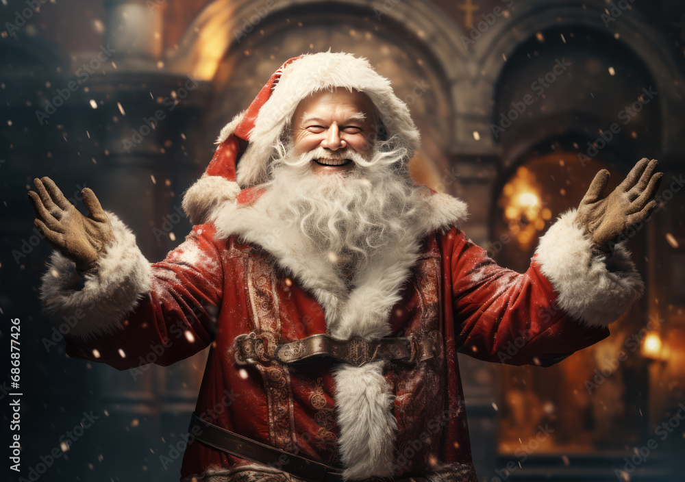 Portrait of a cheerfully laughing Santa Claus