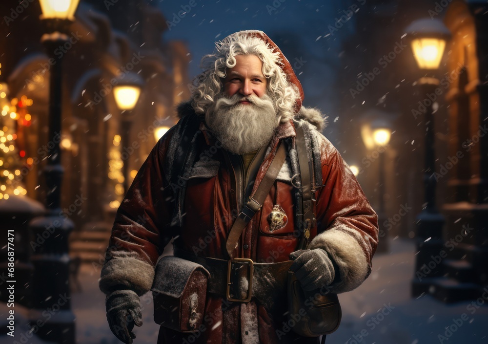 Santa Claus with gifts in the night city