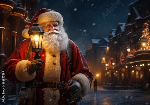 Santa Claus with gifts in the night city