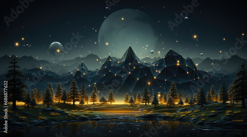 An artistic night scene with geometric mountains, a star-lit sky, and a forest in golden light. © Jan