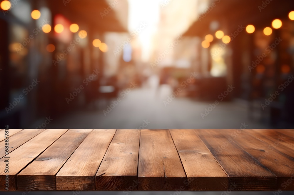 Empty wooden table with blurred bokeh background. Cafe background. Generative AI Empty wooden table with blurred bokeh background. Cafe background. Generative AI