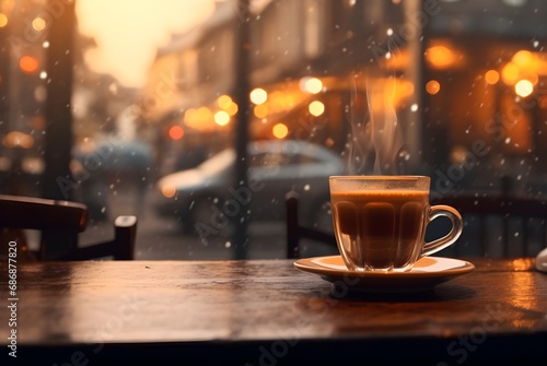 Cup of coffee on wooden table with bokeh cafe background. Blurred cafe background. Generative AI