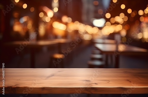 Empty wooden table with blurred bokeh background. Cafe background. Generative AI