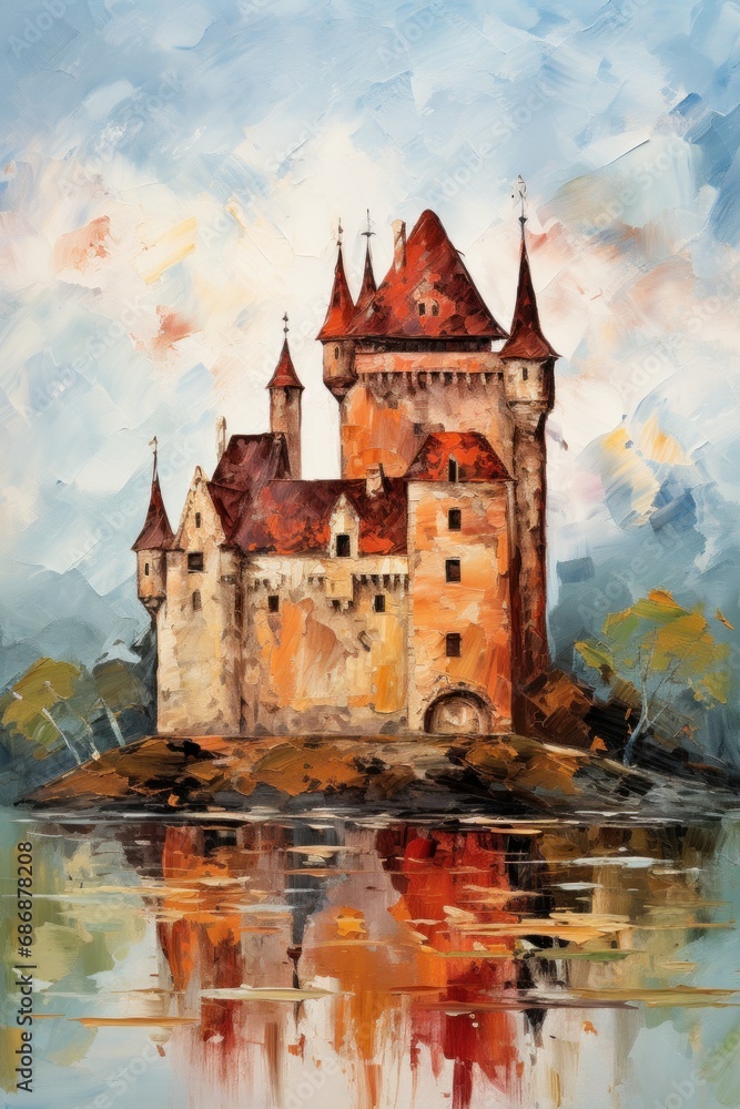 Obraz premium Majestic medieval castle. Fantasy kingdom. Style of impressionism and oil painting. Metaphorical associative card. Psychological abstract picture. Postcard, wall decoration, book illustration.