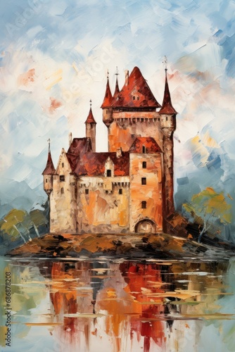 Majestic medieval castle. Fantasy kingdom. Style of impressionism and oil painting. Metaphorical associative card. Psychological abstract picture. Postcard, wall decoration, book illustration.
