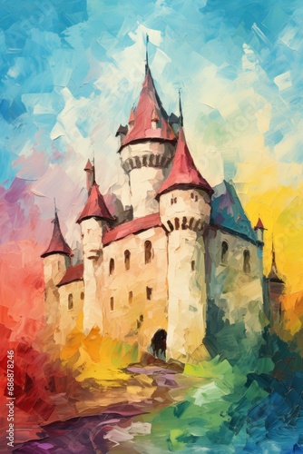 Majestic rainbow medieval castle. Fantasy kingdom. Style of impressionism and oil painting. Metaphorical associative card. Psychological abstract picture. Postcard, wall decoration, book illustration.