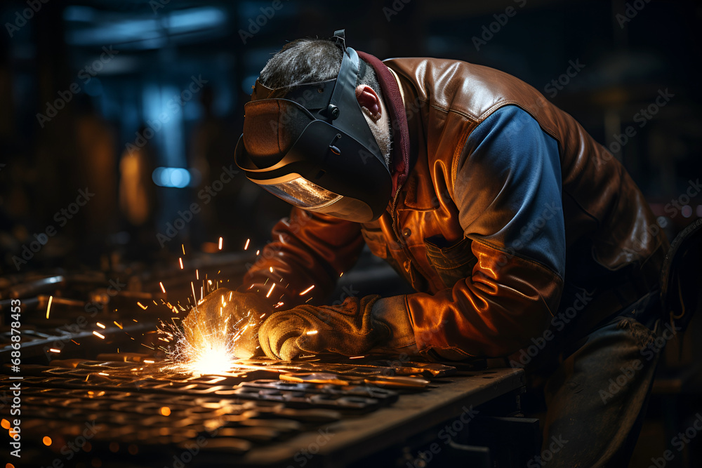 welder is welding metal , industry them bokeh and sparkle background - obrazy, fototapety, plakaty 