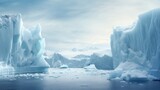 Arctic glaciers and ice icebergs in ocean. Stunning polar landscape. Concept of melting glaciers, climate change, global warming. Ideal for background, card, banner, poster. With copy space