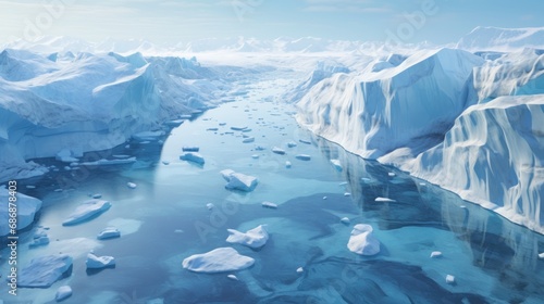 Arctic glaciers and ice icebergs in ocean. Stunning polar landscape. Crystal clear water. Concept of melting glaciers, climate change, global warming, sea level rise. Beauty of nature.