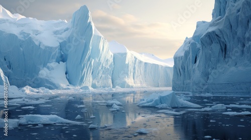 Arctic glaciers and ice icebergs in the ocean. Stunning polar landscape. Crystal clear water. Concept of melting glaciers, climate change, global warming, sea level rise