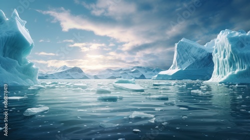 Arctic glaciers and ice icebergs in the ocean. Stunning polar landscape. Concept of melting glaciers, climate change, global warming, sea level rise. Ideal for card, banner, poster. With copy space