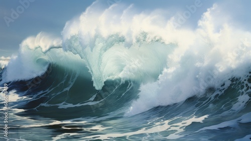 Huge Wave Crashing in the Ocean, Creating a Beautiful Display of Water and Foam. Ocean’s Power and Majesty. Concept of beauty and greatness of nature. Ideal for background, postcard, banner, poster.
