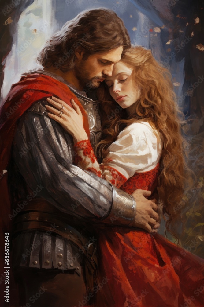 Knight and his lady in tender embrace in medieval castle. Couple in love on romantic date. In the style of oil painting. For cover of female romance fantasy historical novel. Valentine's Day card.