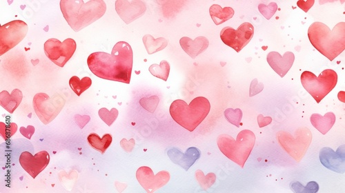 Hearts. A romantic background filled with pink and red watercolor hearts, perfect for Valentine's Day. Hand drawn illustration. For card, banner, greeting, print, packaging design, wrapping paper.