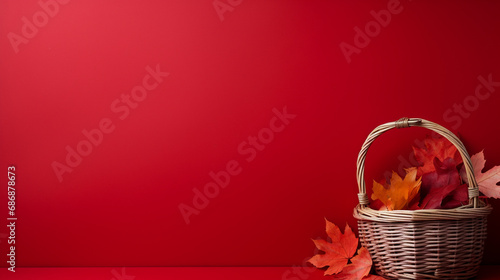  basket with autumn leaves on red background