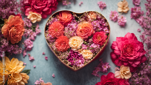 Beautiful heart shaped box, flowers background