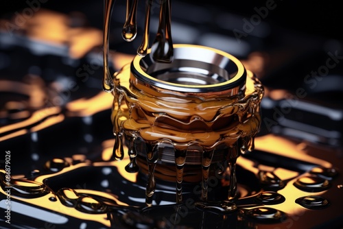 Motor oil in the mechanism of a car engine: care for durability and efficiency. car engine with lubricant oil on repairing. Concept of lubricate motor oil photo