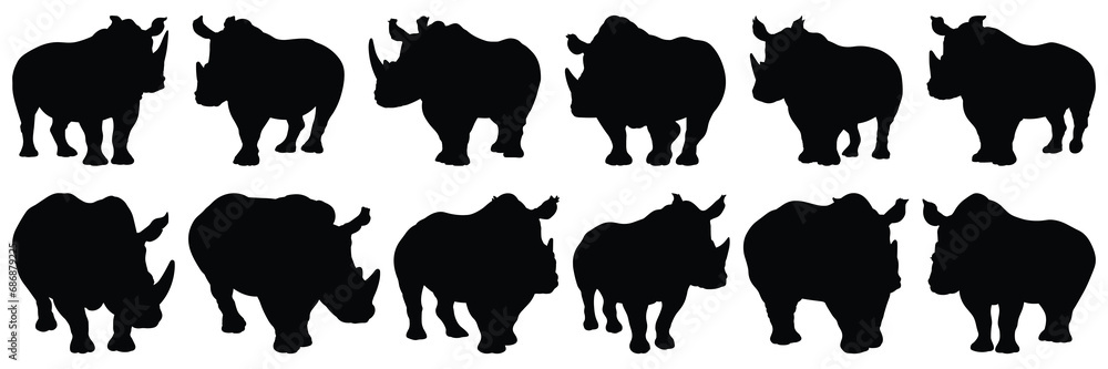Rhino silhouettes set, large pack of vector silhouette design, isolated white background Rhino silhouettes set, large pack of vector silhouette design, isolated white background