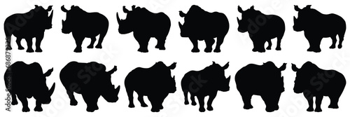Rhino silhouettes set, large pack of vector silhouette design, isolated white background