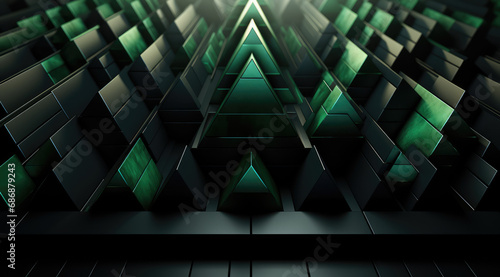 Green neon pyramids in a symmetrical pattern along a dark, metallic corridor.