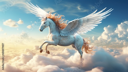 Foto Majestic Fantasy Pegasus horse flying high above the clouds