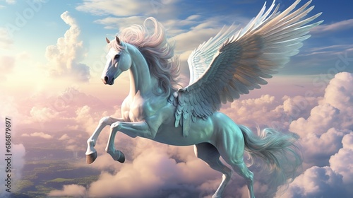 Majestic Fantasy Pegasus horse flying high above the clouds. Flight of the Pegasus. fantastic magical illustration