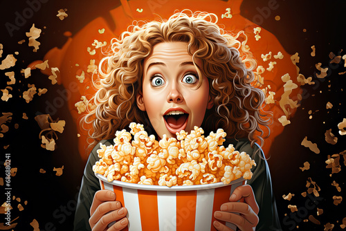 Surprised woman in pop corn bucket. 