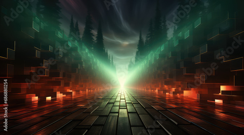 A blend of sharp geometric shapes in green hues creating an abstract mysterious forest path.