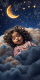Sleeping baby, infant sleeping against a background of starry sky and clouds