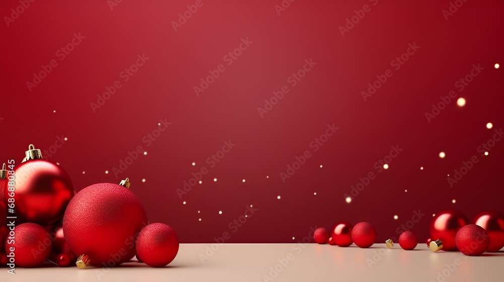 Merry Christmas and Happy New Year promotional banner with red Christmas baubles decoration on a red background with space for text Merry Christmas and Happy New Year promotional banner with red Christmas baubles decoration on a red background with space for text