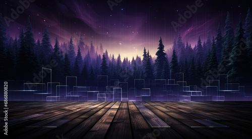 A blend of sharp geometric shapes in purple creating an abstract forest path. photo