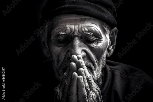 Close-up of old man praying alone in hope