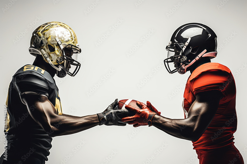 Two American football players stand opposite each other holding ball in their hands. Determined muscular athletes in sports uniform and helmets greet each other before tough game. Isolated on white.
