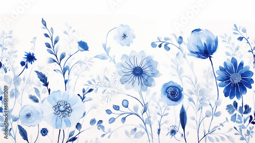 Sun printing cyanotype process. Floral pattern on watercolor illustration. photo