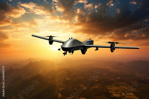 Unmanned military drone on patrol air territory at high altitude at sunset. UAV drone