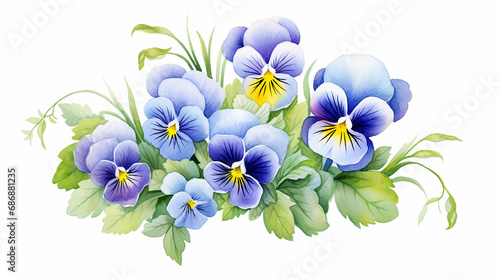 the blue garden tricolor pansy flower. Viola tricolor, viola arvensis, heartsease, violet, kiss-me-quick. Hand drawn botanical watercolor painting illustration isolated on white background photo
