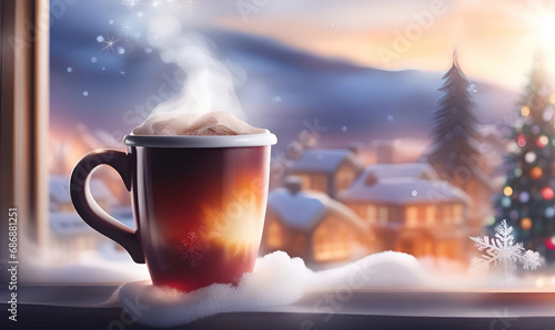 Hot steaming coffee cup on a blurred winter window background. Christmas morning  warm  cozy  hygge banner for design.Generative AI