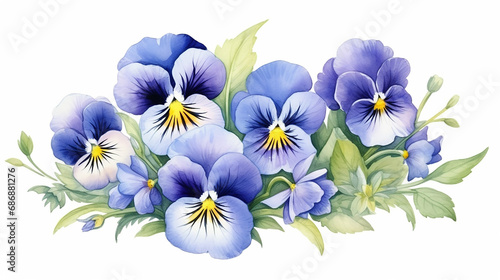 the blue garden tricolor pansy flower. Viola tricolor, viola arvensis, heartsease, violet, kiss-me-quick. Hand drawn botanical watercolor painting illustration isolated on white background photo