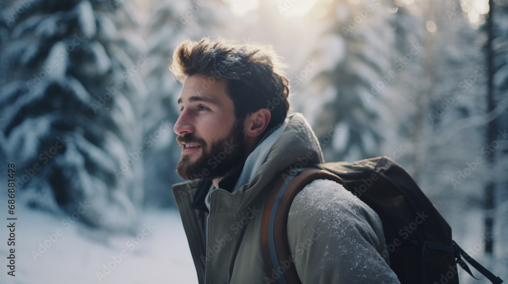 A man with a backpack walks in the winter forest. Snow-covered forest, beautiful Christmas trees. Beautiful winter landscape, cold nature. Stunning scenic view. Outdoor adventure. Generated AI A man with a backpack walks in the winter forest. Snow-covered forest, beautiful Christmas trees. Beautiful winter landscape, cold nature. Stunning scenic view. Outdoor adventure. Generated AI