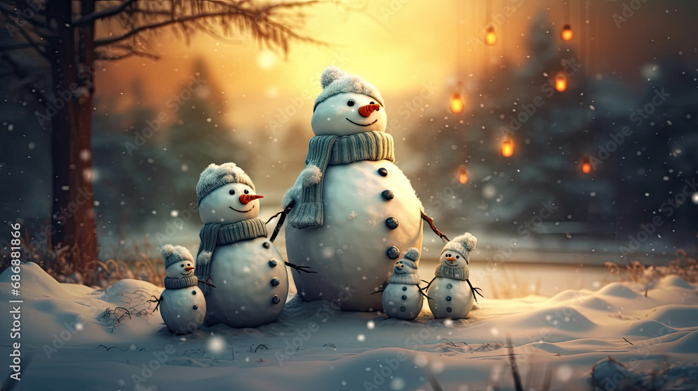 Obraz premium Snowman family enjoying the beautiful snowy landscape